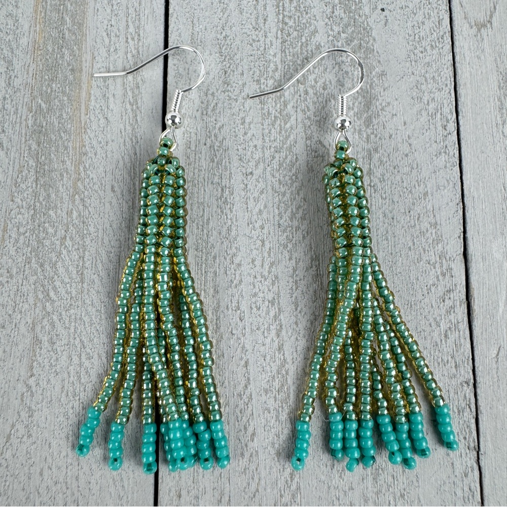 Turquoise‎ Lined Topaz Glass Seed Bead Tassel Earrings Dangle Artisan Handmade